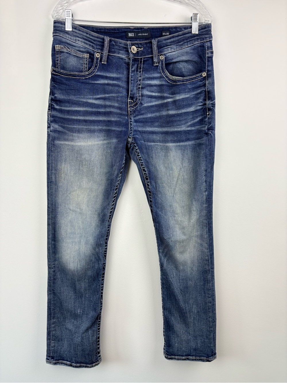 BKE Buckle Jake Straight Jeans Medium Distressed Wash Whiskering Fading 33 x 32